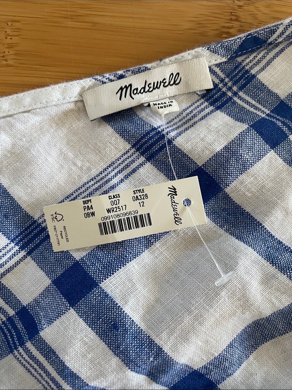 Madewell Ruched One-Shoulder Midi Dress Size 12 Blue White Plaid Linen - Picture 9 of 12